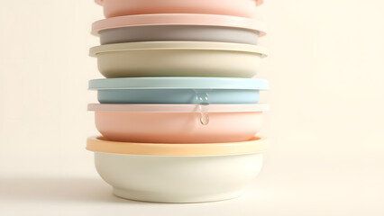 Neatly stacked pastel food storage bowls with lids and a single water drop