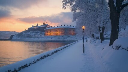 Winter landscape with snowy trees and waterfront view on sunset in Stockholm Sweden