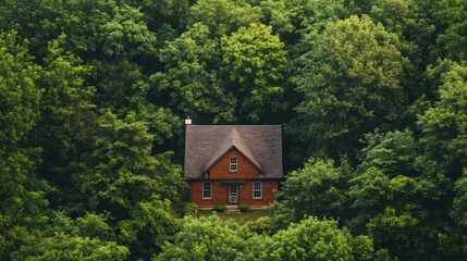 A small red brick house surrounded by many green trees