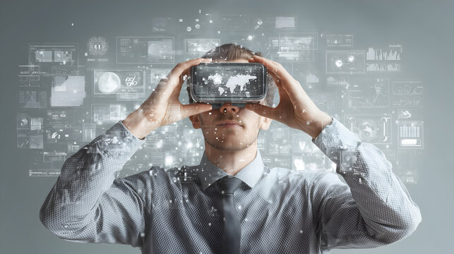 businessman using virtual reality headset exploring digital world. futuristic technology, immersive experience.