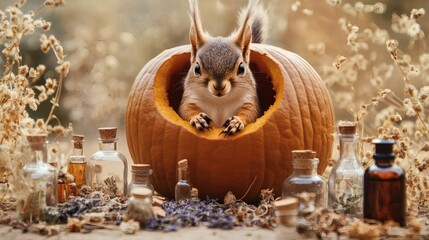 A small squirrel peeks out from inside a carved pumpkin