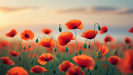 Obraz premium Poppy field flowers floral nature landscape spring summer meadow bloom blossom plant garden red orange petal