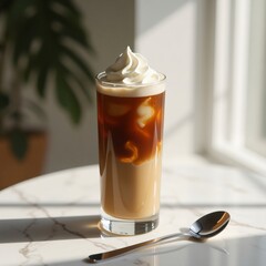 Iced coffee with whipped cream on a marble table with a spoon and a plant
