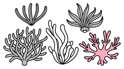 Collection of stylized underwater plants and corals in various shapes and colors