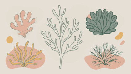 Abstract organic shapes and stylized botanical elements in muted earthy tones