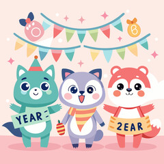 Obraz premium Three cute cartoon animals celebrating a special occasion with festive decorations