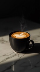 A black mug with latte art on a marble surface in a dimly lit environment