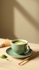 A cup of matcha latte with a whisk and bamboo stick on a wooden surface