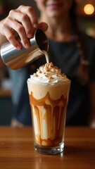 Pouring milk into a caramel frappe with whipped cream and caramel drizzle