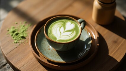 A matcha latte with latte art on a wooden tray in soft natural lighting