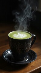 A steaming cup of matcha latte with latte art on a dark wooden surface