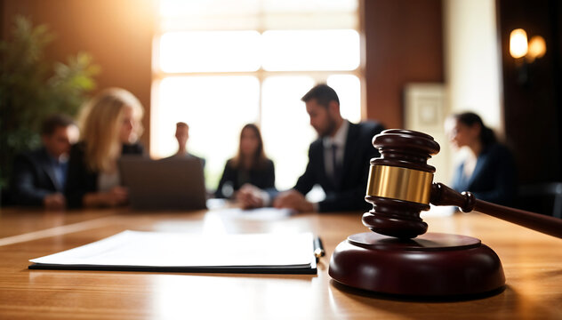 Close up of a legal judges hammer with Courtroom scene, judge's gavel in foreground, wooden bench, blurred figures in background