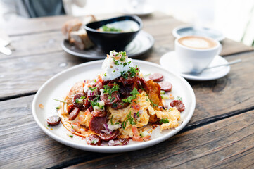 Criollo fried eggs in New Zealand Cafe