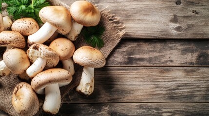Freshly harvested mushrooms arranged on a rustic wooden surface elegantly