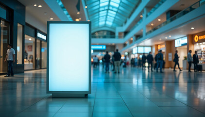 Blank digital advertising billboard display in shopping mall with blurred background of people and shops, concept for business promotion.