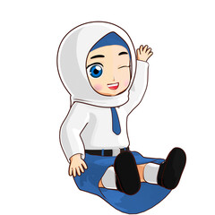 A 3D cartoon illustration of a cheerful girl in hijab, smiling and winking, ready to greet the world. Perfect for educational and playful content.