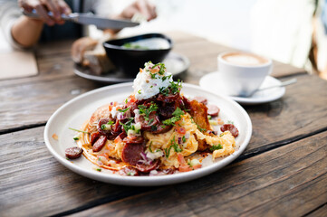 Criollo fried eggs in New Zealand Cafe