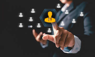 Human resource search, recruitment concept. human resource management uses HR technology online networks to check CV choose perfect employee ensuring strong recruitment process company structure.
