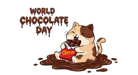 A cartoon cat enjoying a large bar of chocolate for world chocolate day in a chocolate puddle