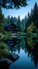 Obraz premium Tranquil lake house nestled in a forest at dusk