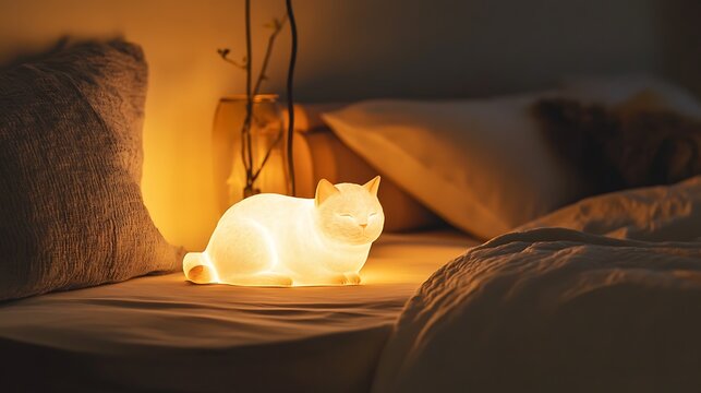 Cute cat night light on bed creating soft cozy sleeping ambiance