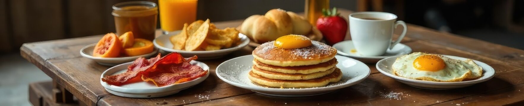 A rustic wooden table laden with a hearty breakfast spread; pancakes, bacon, eggs, fruit, and coffee Ready to satisfy even the hungriest appetite , eggs, rustic, shadow