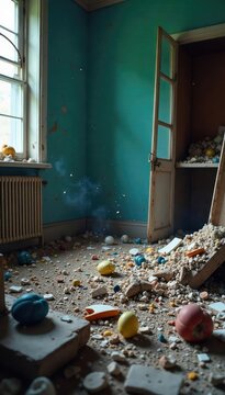 A chaotic scene of shattered objects and debris, strewn across a ravaged room, indicative of intense, uncontrolled rage and destruction , chaos, wild
