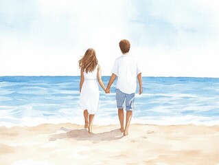 Loving couple walking hand in hand on a tranquil sandy beach with soft watercolor tones blending the soothing ocean blues and shore creating a serene and romantic ambiance