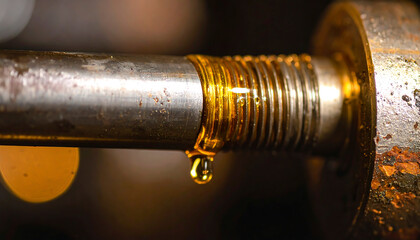 Golden lubricant drips from a threaded metal bolt, showcasing industrial lubrication and machinery maintenance