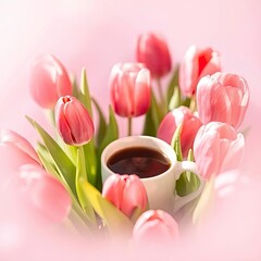 A cup of coffee a nd tulips set against a blurred spring background, depicted in dynamic with  generative ai
