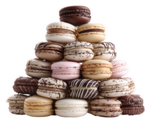 Macaron pyramid dessert display, assorted pastel and chocolate colors, elegant French pastry, sweet treat, creative food arrangement, joyful celebration