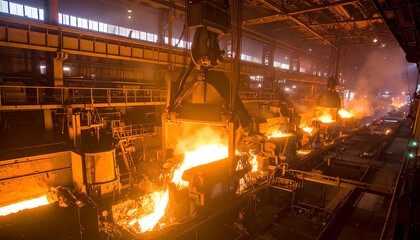 Molten steel processing at a metallurgical plant shows the intense heat and power involved in heavy industry and manufacturing.