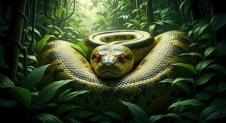 A coiled anaconda with red eyes resting among lush green foliage in a dense jungle environment