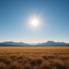 Obraz premium Wide open golden grass field under a clear blue sky with the bright sun shining above distant mountain range, representing natural beauty, wilderness, and peaceful rural landscapes