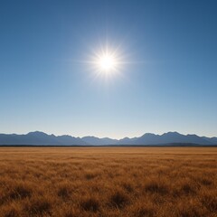 Obraz premium Wide open golden grass field under a clear blue sky with the bright sun shining above distant mountain range, representing natural beauty, wilderness, and peaceful rural landscapes