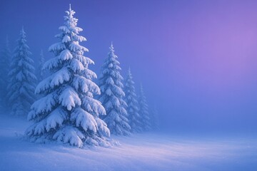Snow covered pine trees in a misty winter landscape with purple sky