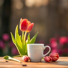 A cup of coffee a nd tulips set against a blurred spring background, depicted in dynamic with  generative ai