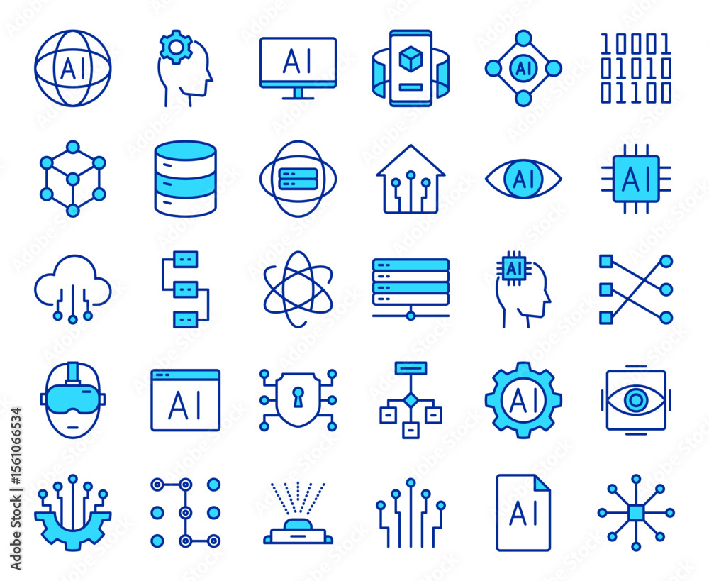 Poster artificial intelligence icon set ai technology machine learning data science innovation future compu