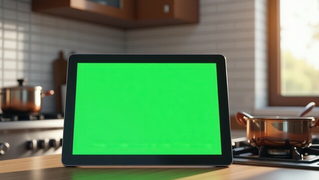 Close-up shot of a green screen tablet or wall-mounted screen placed on a modern kitchen counter, with details like ceramic tiles, cooking tools, and natural morning light. Light reflections on stainl