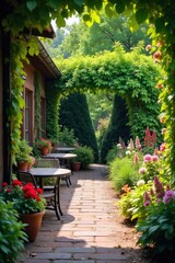 Fototapeta premium A vibrant and lush patio garden overflowing with colorful flowers and thriving greenery, creating a tranquil outdoor oasis Perfect for relaxation and entertaining , patio furniture, potted plants