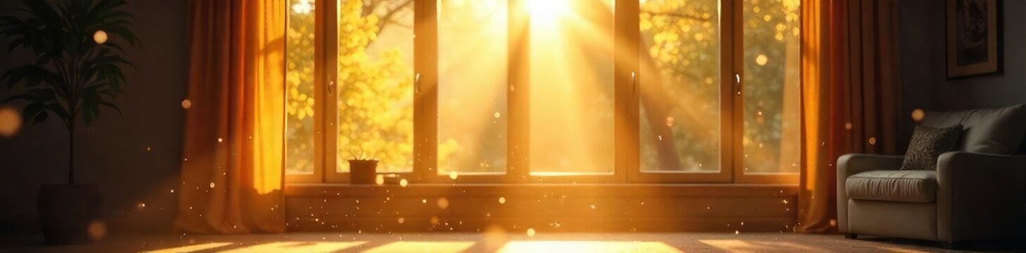 Sunlight streams through a large window, illuminating dust motes dancing in the golden light The scene is peaceful and serene, perfect for a calming atmosphere , sunlight, beam
