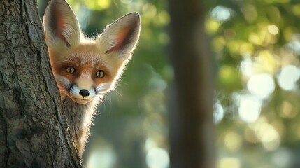 Fototapeta premium A curious fox peeks from behind a textured tree trunk