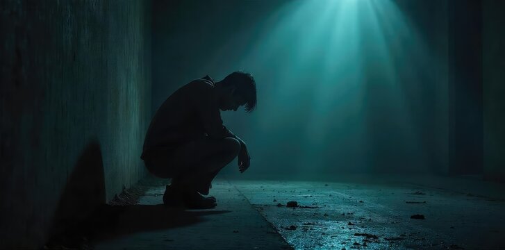 A solitary figure hunches, head bowed low, enveloped in a shadowy, dimly lit room The heavy atmosphere conveys a sense of profound isolation and unspoken sorrow , introspective, secrecy, regret