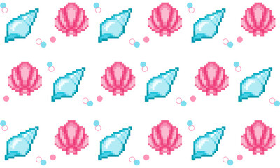 Seamless Pixel Art Seashell Pattern, Cute Pink and Blue Summer Design for Wallpapers and Crafts