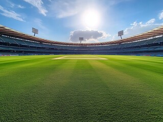 panoramic view of an empty cricket stadium with the pitch - ai
