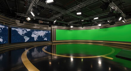 A wide-angle cinematic shot of a high-tech broadcast news studio. The studio features a large green screen wall on the right side and multiple digital world map screens on the left. Polished reflectiv