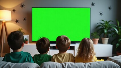 A highly realistic photo of four young children watching a large green screen TV in a cozy, softly lit living room. The children are sitting on a couch with their backs facing the camera — two boys we