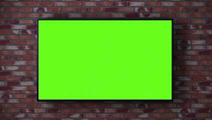 A realistic widescreen flat TV mounted on a red-brown brick wall. The television screen displays a clean, vivid green screen (chroma key) ready for compositing. The bricks are arranged in a horizontal