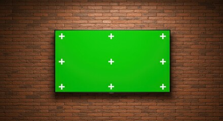 A realistic widescreen flat TV mounted on a red-brown brick wall. The television screen displays a clean, vivid green screen (chroma key) ready for compositing. The bricks are arranged in a horizontal