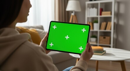 Close-up over-the-shoulder shot of a woman holding a digital tablet with a vivid green screen (chroma key). She is sitting on a sofa in a cozy modern living room, wearing a beige hoodie. The backgroun